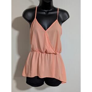 Moa Moa Peach Orange Blouse Surplice Wrap Peplum Tank Top Spaghetti Strap Small